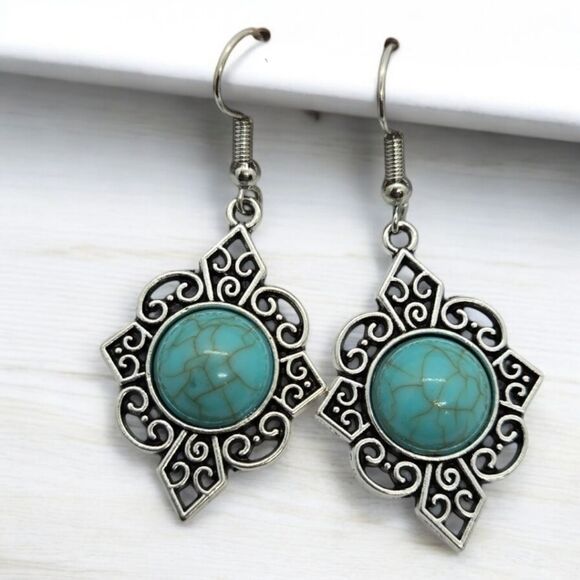 Western Turquoise Bead Silver Filagree Dangle Earrings Bohemian Tribal Jewelry - Picture 3 of 3